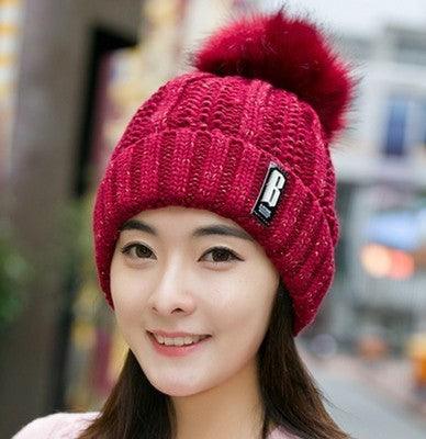 Warm Winter Skellies Beanies Knitted Hat Women Brand High Quality Winter Women Ball Ski Wool Fur Hat Pompoms Hats Knitted Scarf Women's Winter Beanie Hat, Warm Fleece Lined Knitted Soft Ski Cuff Cap with Pompom