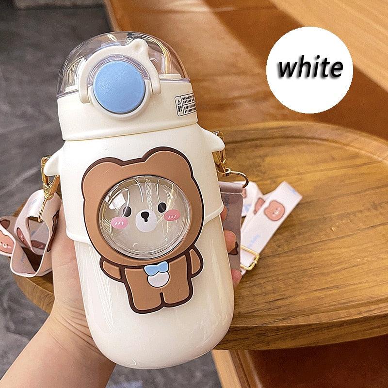 Water Bottle For Children 700ML Cute Stickers With Straw Temperature Kawaii Plastic Cup Portable Student School Bottle Girl Boy Water Bottles with Straw and Strap Cute Water Bottles Cartoon Animal Plastic Drinking Bottle Leakproof Water Bottle