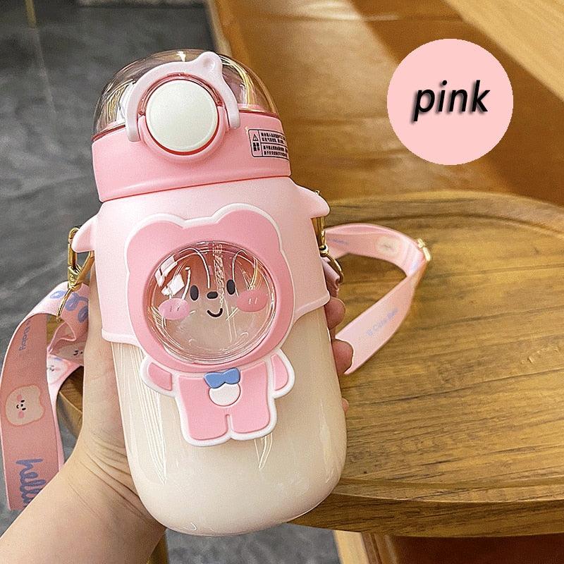 Water Bottle For Children 700ML Cute Stickers With Straw Temperature Kawaii Plastic Cup Portable Student School Bottle Girl Boy Water Bottles with Straw and Strap Cute Water Bottles Cartoon Animal Plastic Drinking Bottle Leakproof Water Bottle