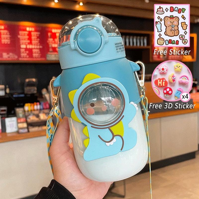 Water Bottle For Children 700ML Cute Stickers With Straw Temperature Kawaii Plastic Cup Portable Student School Bottle Girl Boy Water Bottles with Straw and Strap Cute Water Bottles Cartoon Animal Plastic Drinking Bottle Leakproof Water Bottle