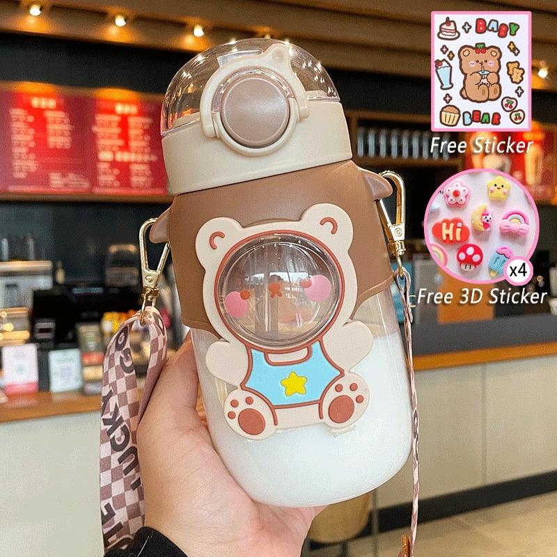 Water Bottle For Children 700ML Cute Stickers With Straw Temperature Kawaii Plastic Cup Portable Student School Bottle Girl Boy Water Bottles with Straw and Strap Cute Water Bottles Cartoon Animal Plastic Drinking Bottle Leakproof Water Bottle