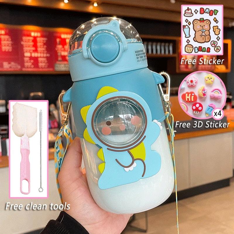 Water Bottle For Children 700ML Cute Stickers With Straw Temperature Kawaii Plastic Cup Portable Student School Bottle Girl Boy Water Bottles with Straw and Strap Cute Water Bottles Cartoon Animal Plastic Drinking Bottle Leakproof Water Bottle