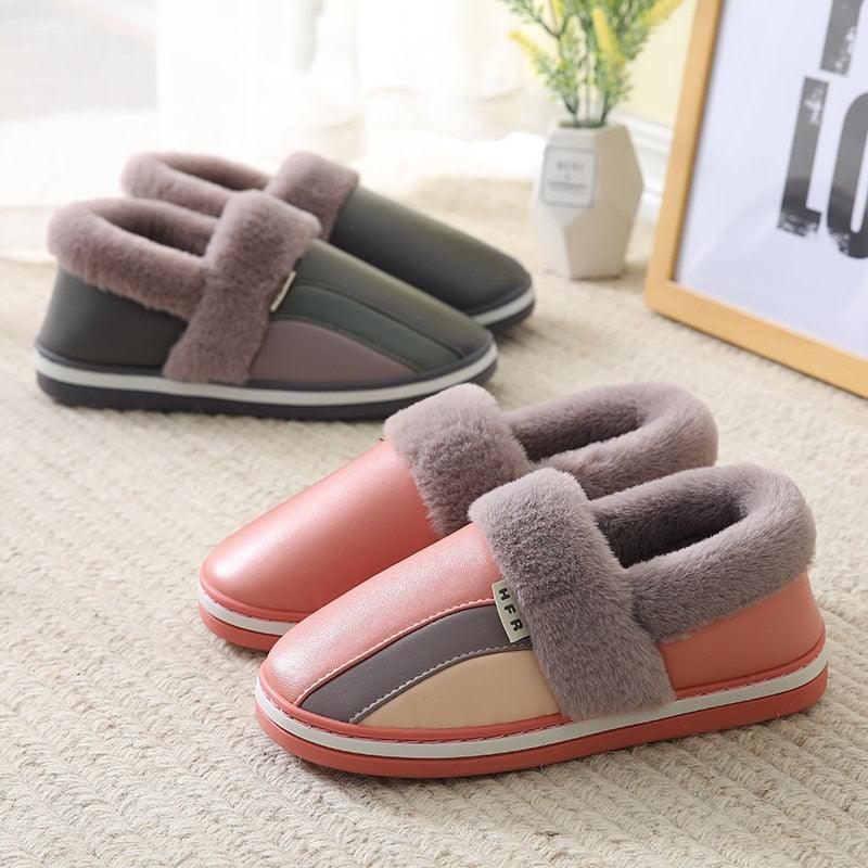 Waterproof Indoor Shoes Womans Mens Winter Home Slippers Faux Leather Warm Plush House Floor Slipper Anti-slip Footwear Women's Cozy Memory Foam Slippers With Warm Plush Fur Lining