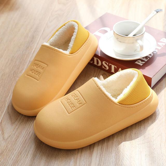 Waterproof Slippers Winter Women House Slippers Leather Warm Fur Slippers Unisex Home Slippers Indoor Floor Shoes Plush Fleece Lined House Shoes Anti-Skid Women Slippers