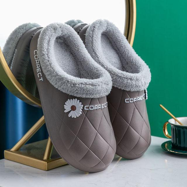 Waterproof Slippers Winter Women House Slippers Leather Warm Fur Slippers Unisex Home Slippers Indoor Floor Shoes Plush Fleece Lined House Shoes Anti-Skid Women Slippers