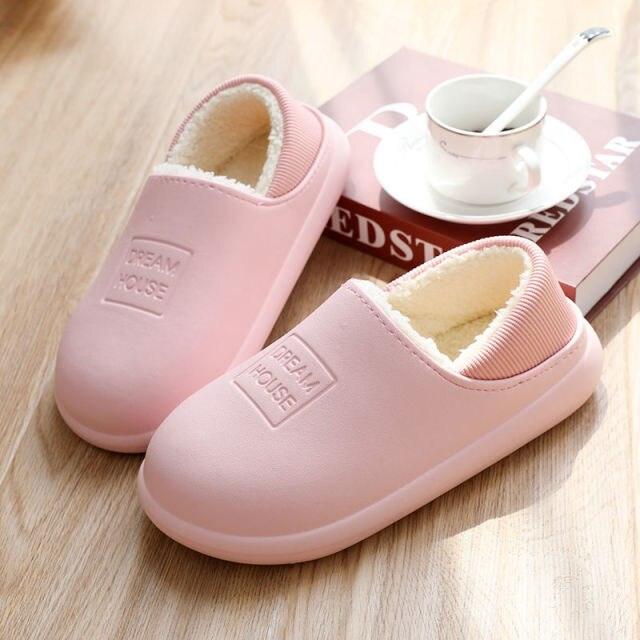 Waterproof Slippers Winter Women House Slippers Leather Warm Fur Slippers Unisex Home Slippers Indoor Floor Shoes Plush Fleece Lined House Shoes Anti-Skid Women Slippers