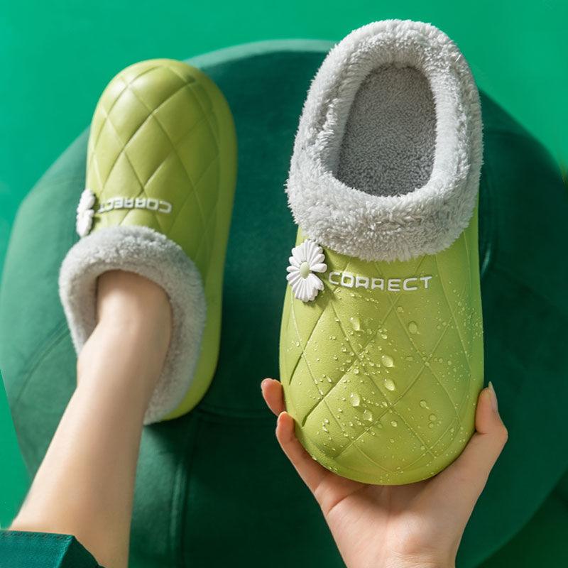 Waterproof Slippers Winter Women House Slippers Leather Warm Fur Slippers Unisex Home Slippers Indoor Floor Shoes Plush Fleece Lined House Shoes Anti-Skid Women Slippers