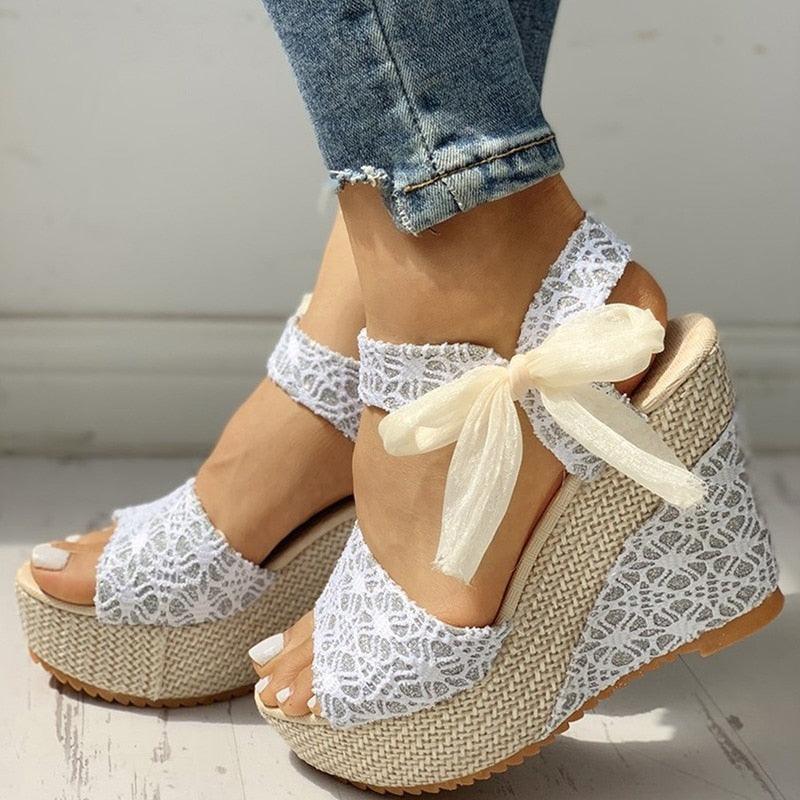 Wedding Lace Women Heeled Shoes Summer Sandals Party Platform High Heels Woman Espadrilles Platform Ankle Strap Lace Bow High Heels Summer Casual Beach Sandals