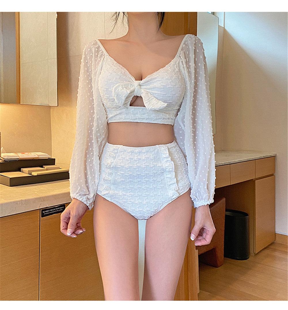 White High Waist Bikini Women Solid Swimwear  Cover Up Swimsuit Sheer Mesh Tie Crop Top Bikini Sets Lace Long Sleeve Bikini Off Shoulder Swimsuit Push Up Mesh Pad Bathing Suit