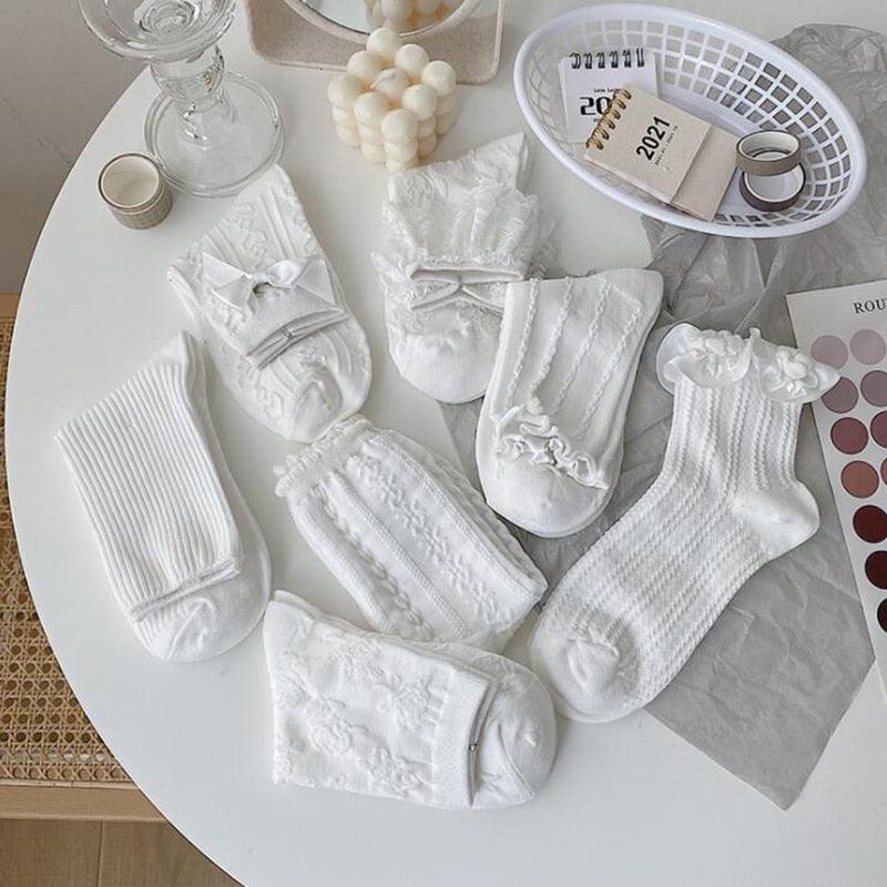 White Lace Socks Women Heart Bowknot Cotton Socks Femme Sweet Socks Ankle Socks Dress Socks For Women