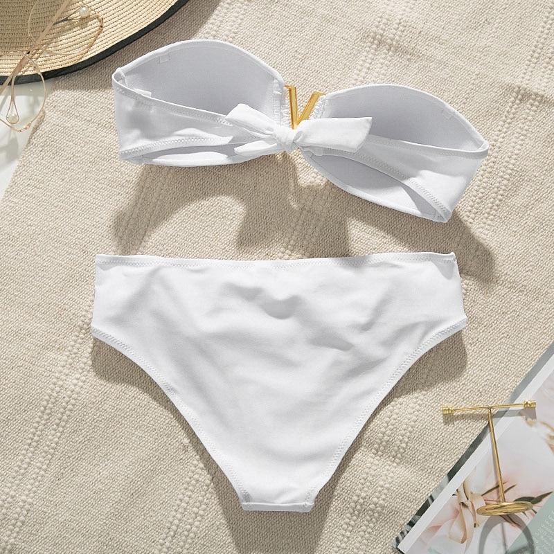 White Push Up Woman Swimsuit Bikini Set Two Piece Smocked Swimsuits Ruffle Off Shoulder Bathing Suit With High Waist Bottoms New Summer Beach Bikini Set Solid Swimming Suit For Women Swimwear Bathing Suit