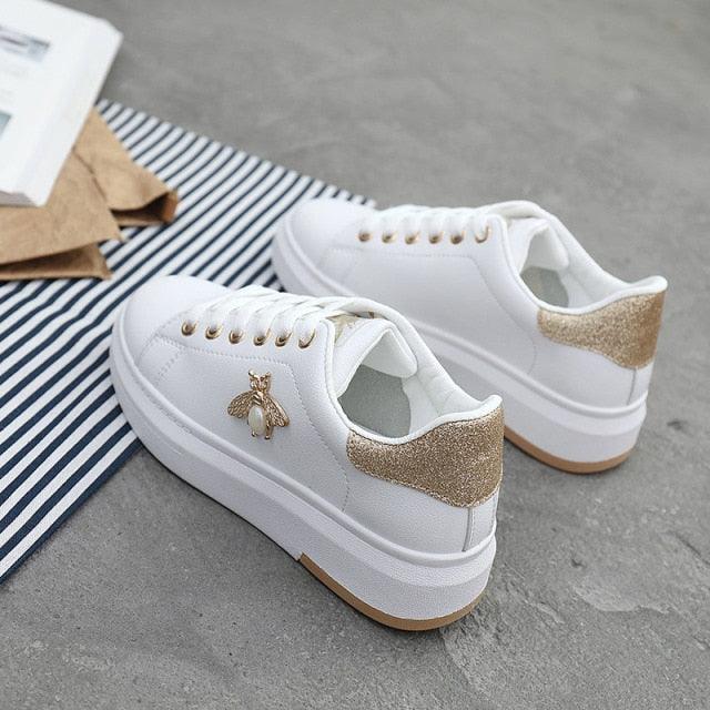 White Women Sneakers Platform Fashion Rhinestone Sneakers Lace Up Casual Shoes Breathable Comfortable Women's Casual Flats Elegant High Quality Sport Women Sneakers