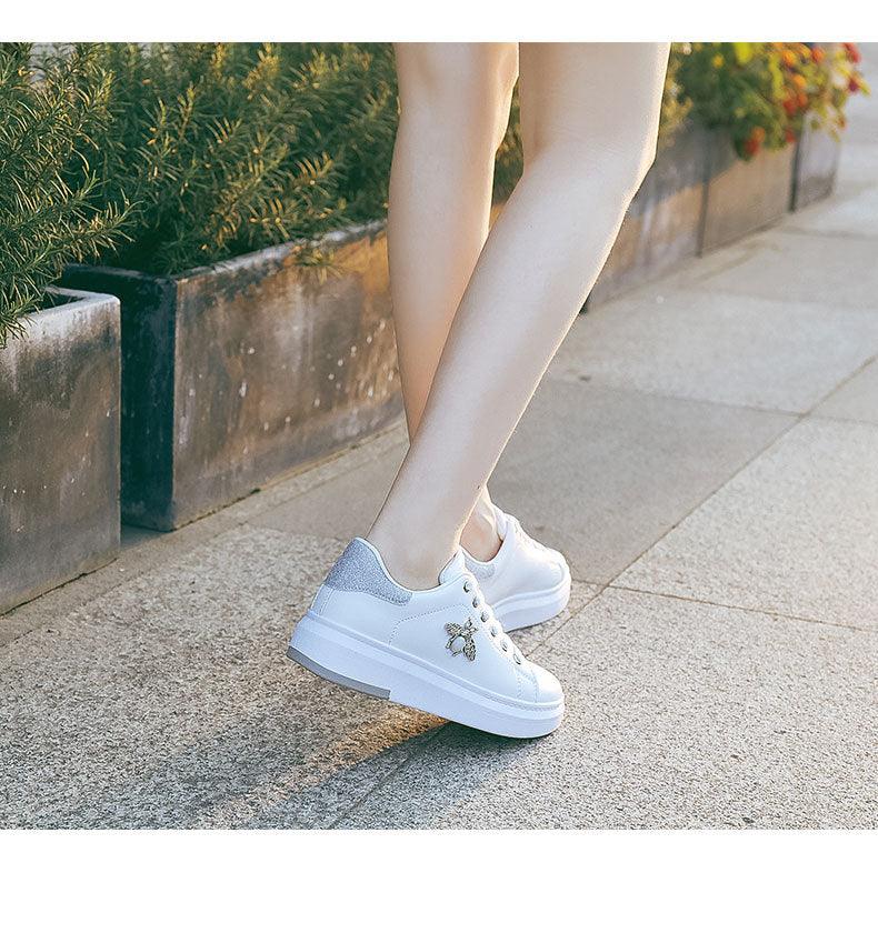 White Women Sneakers Platform Fashion Rhinestone Sneakers Lace Up Casual Shoes Breathable Comfortable Women's Casual Flats Elegant High Quality Sport Women Sneakers