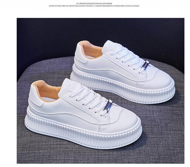 White Women Spring Running Thick Shoes Woman Comfortable Sneakers Leather Spring Flats Trainers Outdoor Vulcanize Slip On Trainers Fashion Platform Sneakers