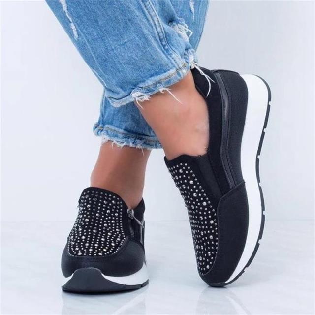 White Womens Crystal Sneakers Spring Autumn Casual Zipper Flat Shoes Non-slip Breathable Outdoor Espadrilles Breathable Mesh Simple Design Slip-On Shoes Women Mesh Casual Espadrilles