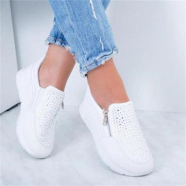 White Womens Crystal Sneakers Spring Autumn Casual Zipper Flat Shoes Non-slip Breathable Outdoor Espadrilles Breathable Mesh Simple Design Slip-On Shoes Women Mesh Casual Espadrilles