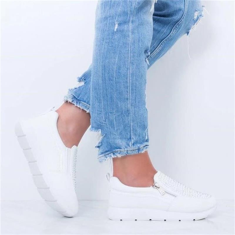 White Womens Crystal Sneakers Spring Autumn Casual Zipper Flat Shoes Non-slip Breathable Outdoor Espadrilles Breathable Mesh Simple Design Slip-On Shoes Women Mesh Casual Espadrilles