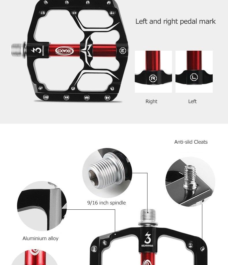 Wide Flat Mountain Road Cycling Bicycle Bike Pedal 3 Sealed Bearings 9/16 in Aluminum With Removable Antiskid Cleats Mountain Bike Pedal Platform Flat Bicycle Pedals Aluminum Alloy Non-Slip Metal Bike Pedals With 3 Bearings For Road