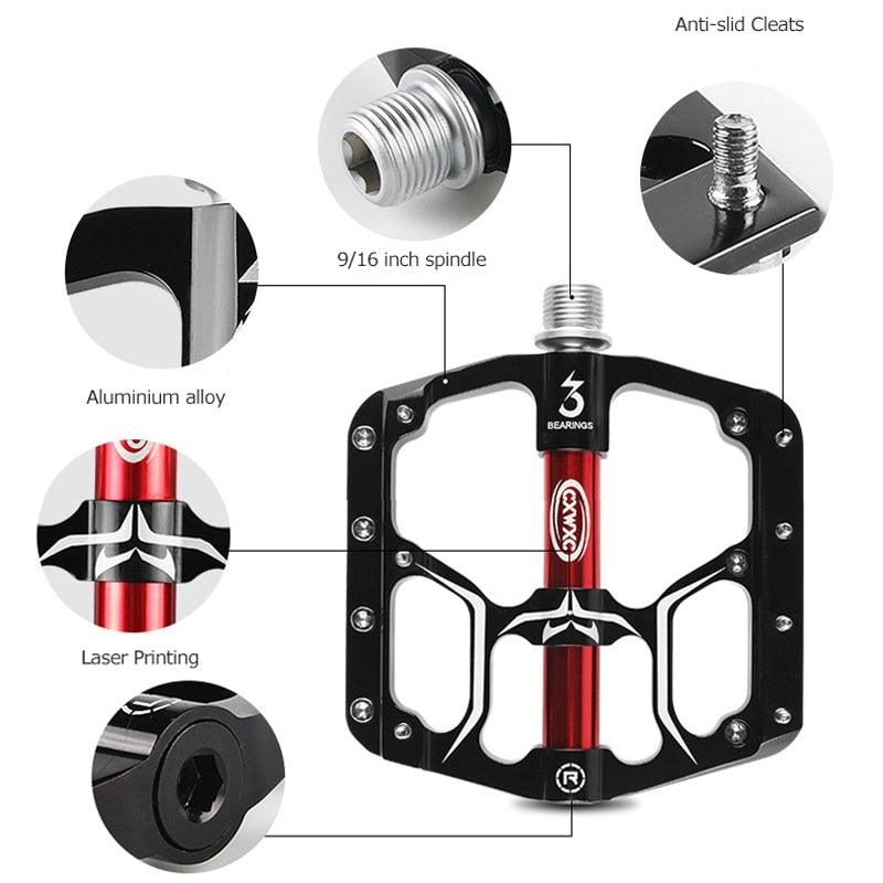 Wide Flat Mountain Road Cycling Bicycle Bike Pedal 3 Sealed Bearings 9/16 in Aluminum With Removable Antiskid Cleats Mountain Bike Pedal Platform Flat Bicycle Pedals Aluminum Alloy Non-Slip Metal Bike Pedals With 3 Bearings For Road