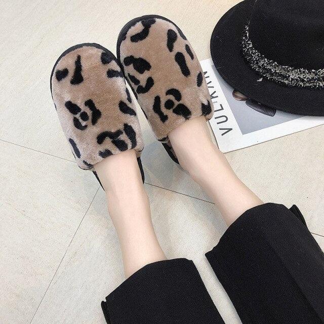 Winter Cotton Slippers Women Leopard Shoes Fashion Fur Slides For Home Comfort Warm Womens Slippers Non-slip Fuzzy House Memory Foam Slippers Furry Fur Lined Bedroom Slippers