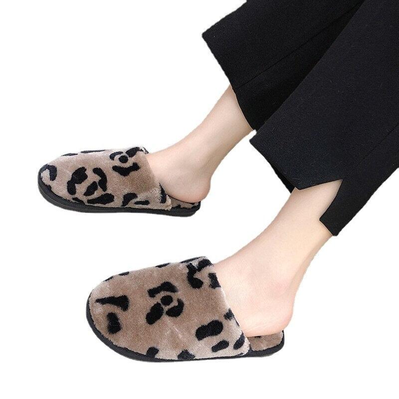 Winter Cotton Slippers Women Leopard Shoes Fashion Fur Slides For Home Comfort Warm Womens Slippers Non-slip Fuzzy House Memory Foam Slippers Furry Fur Lined Bedroom Slippers