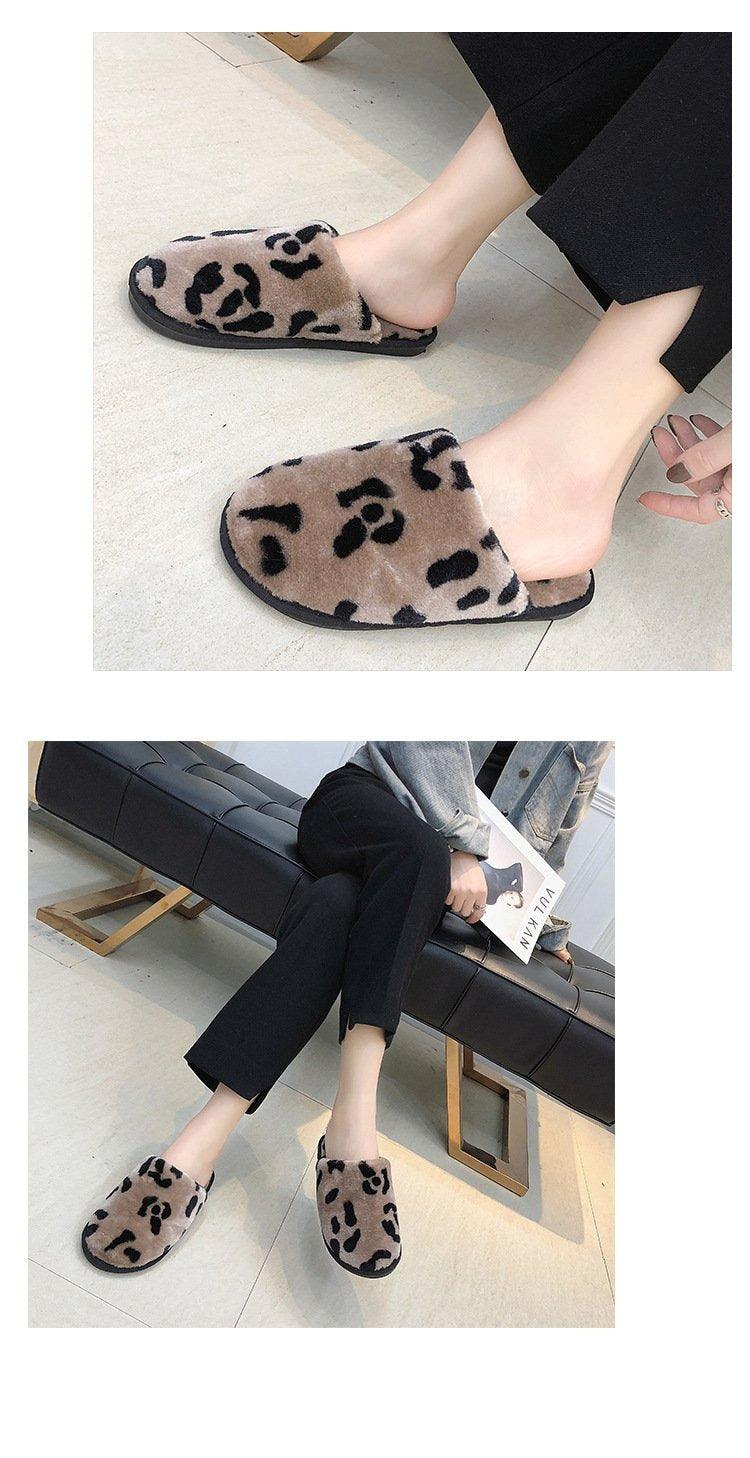 Winter Cotton Slippers Women Leopard Shoes Fashion Fur Slides For Home Comfort Warm Womens Slippers Non-slip Fuzzy House Memory Foam Slippers Furry Fur Lined Bedroom Slippers