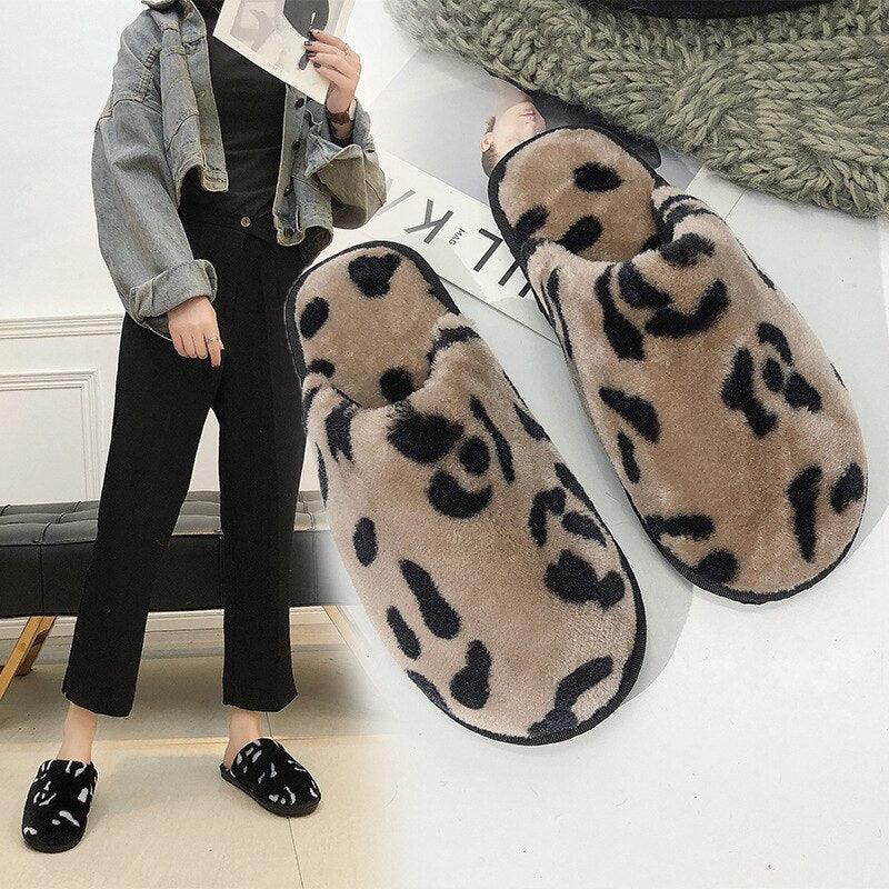 Winter Cotton Slippers Women Leopard Shoes Fashion Fur Slides For Home Comfort Warm Womens Slippers Non-slip Fuzzy House Memory Foam Slippers Furry Fur Lined Bedroom Slippers