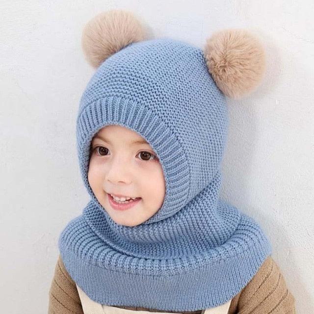 Winter Hat Beanies Boys Beanie Two Hairball Child Knit Fur Hats Protect Face Neck Kids Girls Earflap Caps Pompom Hat Knitted Ski Beanie Hat Double Pompom Beanie Cap for Girls Boys Kids Beanie Winter Hat Baby Kids Infant Toddler