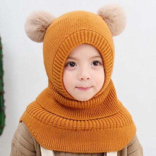 Winter Hat Beanies Boys Beanie Two Hairball Child Knit Fur Hats Protect Face Neck Kids Girls Earflap Caps Pompom Hat Knitted Ski Beanie Hat Double Pompom Beanie Cap for Girls Boys Kids Beanie Winter Hat Baby Kids Infant Toddler