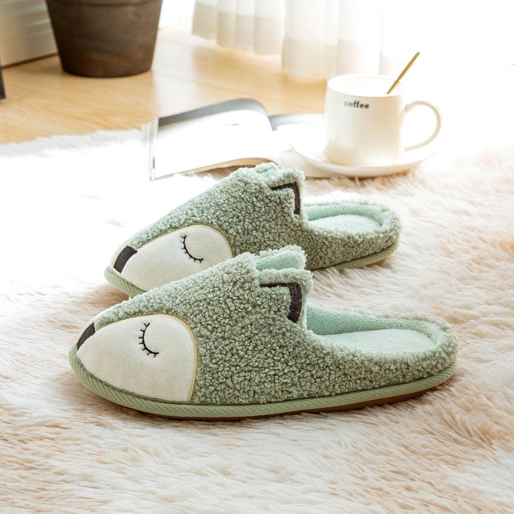 Winter House Women Fur Slippers Soft Memory Foam Sole Cute Fox Bear Bedroom Fluffy Slippers Couples Plush Shoes Comfortable Closed Toe House Slippers Shoes Anti slip Sandals Lightweight Winter Indoor Cartoon Slippers