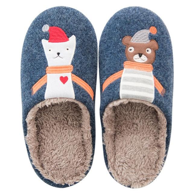 Winter House Women Fur Slippers Soft Memory Foam Sole Cute Fox Bear Bedroom Fluffy Slippers Couples Plush Shoes Comfortable Closed Toe House Slippers Shoes Anti slip Sandals Lightweight Winter Indoor Cartoon Slippers