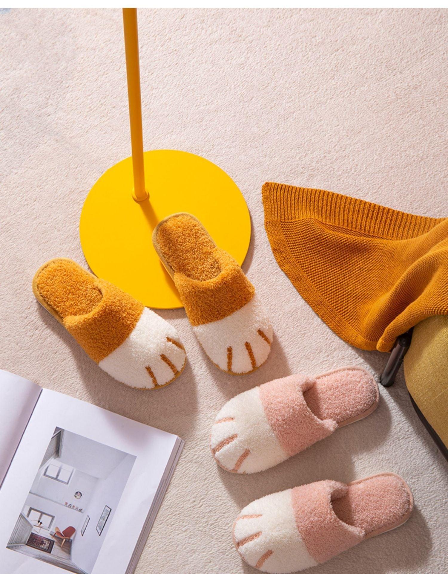 Winter Indoor Cotton Shoes Cute Cat Paw Women Furry Slides Plus Velvet Warm Soft Slippers Cotton Cloth Sippers Women's Elegant Fur Slippers House Shoes For Women