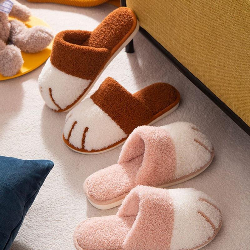 Winter Indoor Cotton Shoes Cute Cat Paw Women Furry Slides Plus Velvet Warm Soft Slippers Cotton Cloth Sippers Women's Elegant Fur Slippers House Shoes For Women