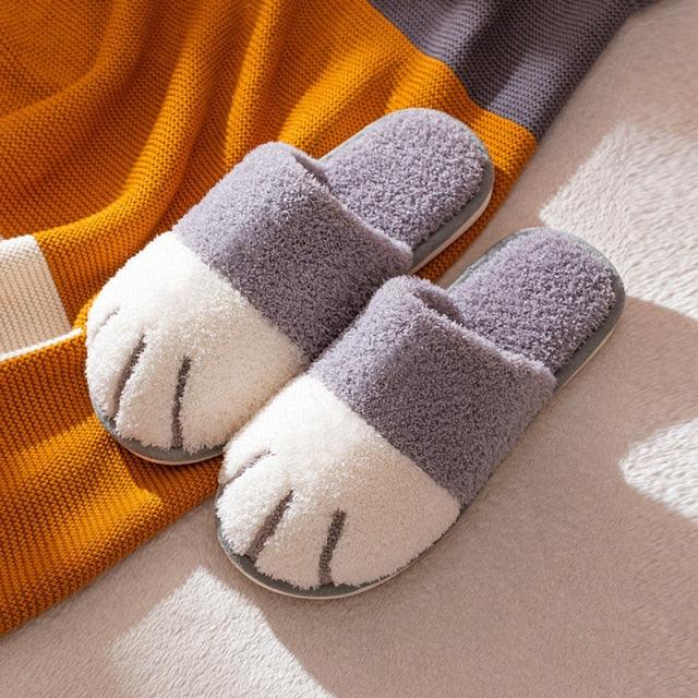 Winter Indoor Cotton Shoes Cute Cat Paw Women Furry Slides Plus Velvet Warm Soft Slippers Cotton Cloth Sippers Women's Elegant Fur Slippers House Shoes For Women