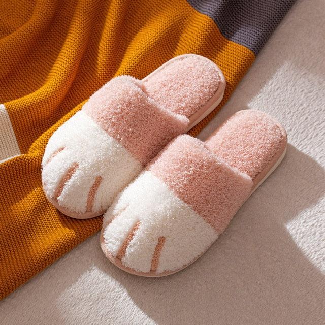 Winter Indoor Cotton Shoes Cute Cat Paw Women Furry Slides Plus Velvet Warm Soft Slippers Cotton Cloth Sippers Women's Elegant Fur Slippers House Shoes For Women