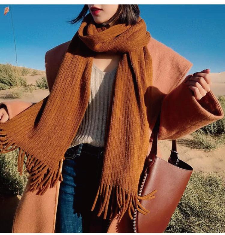 Winter Luxury New Soft Warm Wool Tassel Scarf Lightweight Striped Shawl Classic Wild Soft Simple Travel Scarves Hijab Blanket Cashmere Elegant Casual Muffler For Women