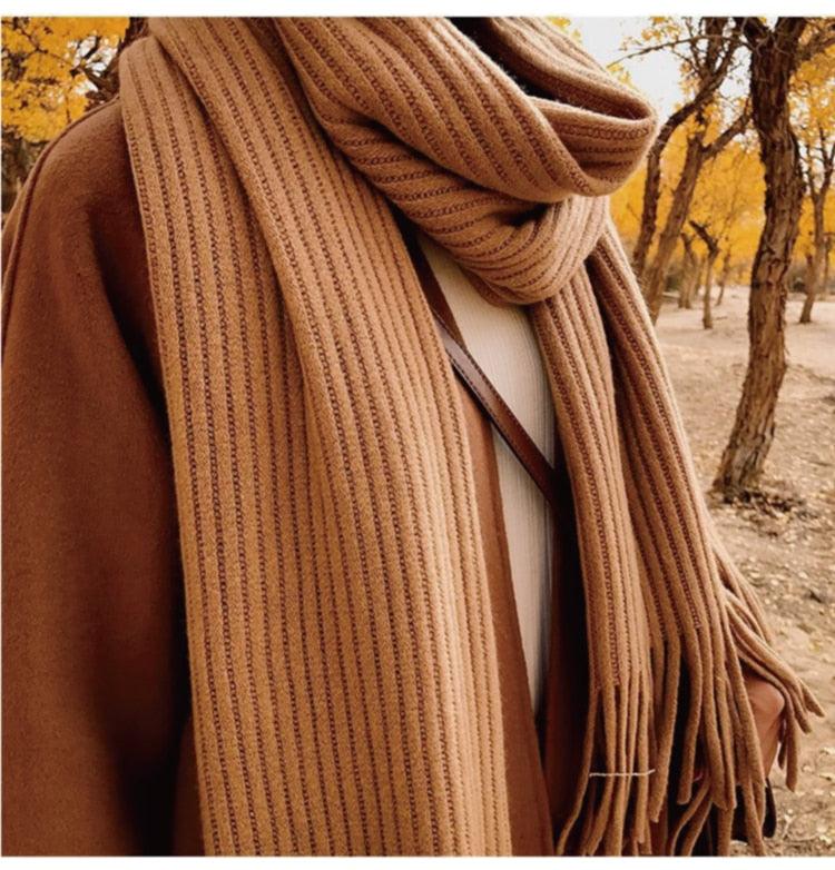 Winter Luxury New Soft Warm Wool Tassel Scarf Lightweight Striped Shawl Classic Wild Soft Simple Travel Scarves Hijab Blanket Cashmere Elegant Casual Muffler For Women