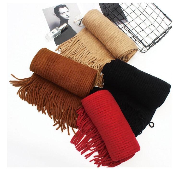 Winter Luxury New Soft Warm Wool Tassel Scarf Lightweight Striped Shawl Classic Wild Soft Simple Travel Scarves Hijab Blanket Cashmere Elegant Casual Muffler For Women