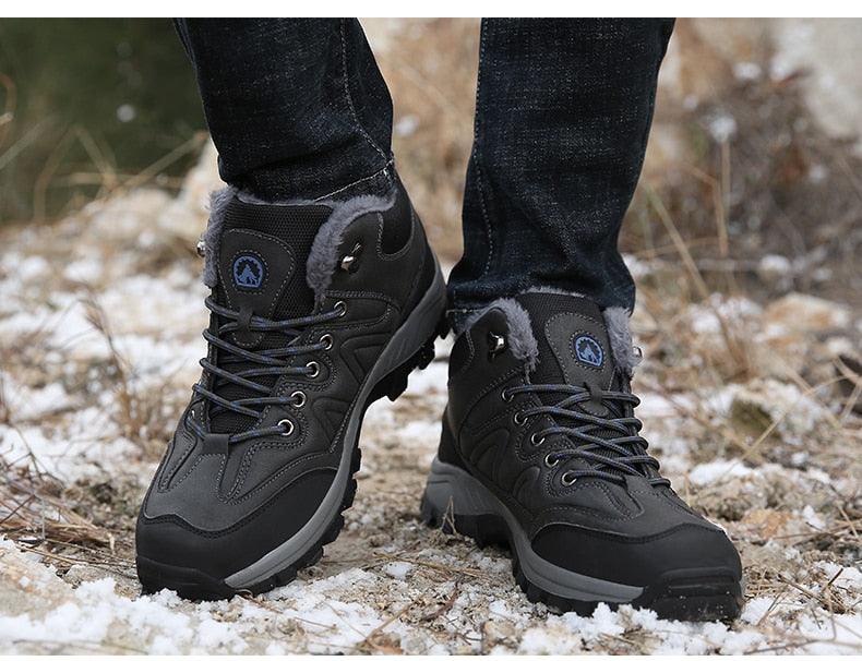 Winter Men's Boots Warm Snow Boots High Quality Leather Waterproof Outdoor Men Hiking Boots Waterproof Non-Slip Trail Fur Lined Ankle Boots Leather Winter Shoes