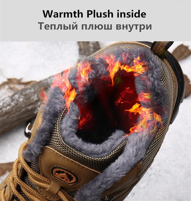 Winter Men's Boots Warm Snow Boots High Quality Leather Waterproof Outdoor Men Hiking Boots Waterproof Non-Slip Trail Fur Lined Ankle Boots Leather Winter Shoes