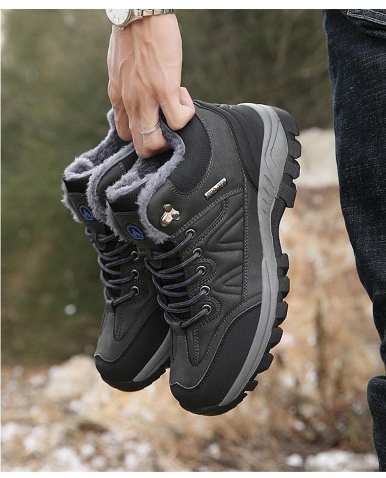 Winter Men's Boots Warm Snow Boots High Quality Leather Waterproof Outdoor Men Hiking Boots Waterproof Non-Slip Trail Fur Lined Ankle Boots Leather Winter Shoes