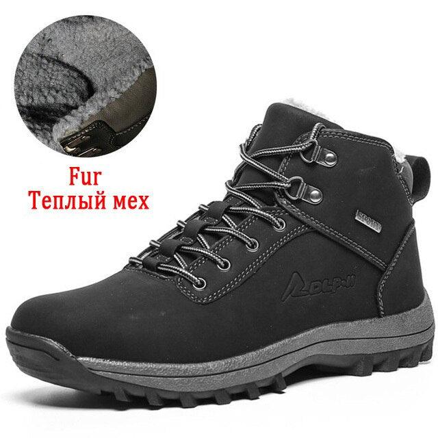 Winter Mens Boots Plush Warm Snow Boots Waterproof Outdoor Short Boots Leather Ankle Hiking Boots Mens Waterproof Outdoor Snow Boots Winter Cold Weather Shoes