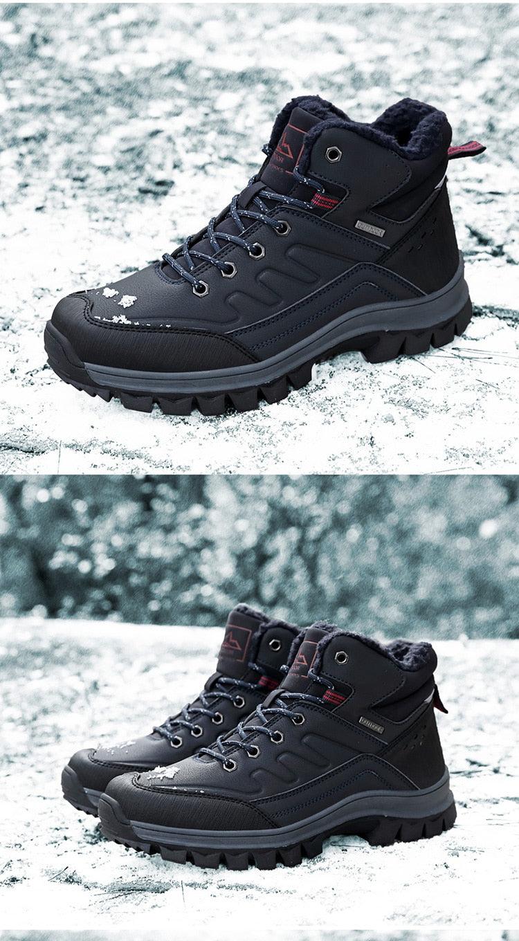 Winter Mens Boots Plush Warm Snow Boots Waterproof Outdoor Short Boots Leather Ankle Hiking Boots Mens Waterproof Outdoor Snow Boots Winter Cold Weather Shoes