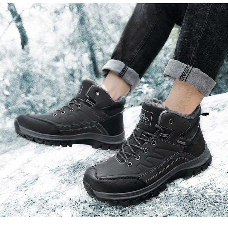 Winter Mens Boots Plush Warm Snow Boots Waterproof Outdoor Short Boots Leather Ankle Hiking Boots Mens Waterproof Outdoor Snow Boots Winter Cold Weather Shoes