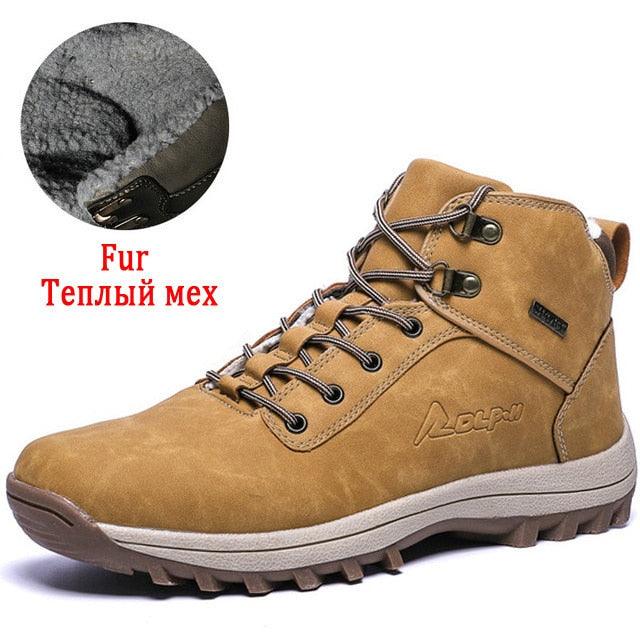 Winter Mens Boots Plush Warm Snow Boots Waterproof Outdoor Short Boots Leather Ankle Hiking Boots Mens Waterproof Outdoor Snow Boots Winter Cold Weather Shoes