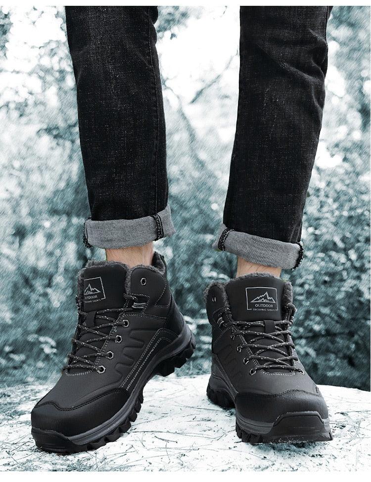 Winter Mens Boots Plush Warm Snow Boots Waterproof Outdoor Short Boots Leather Ankle Hiking Boots Mens Waterproof Outdoor Snow Boots Winter Cold Weather Shoes