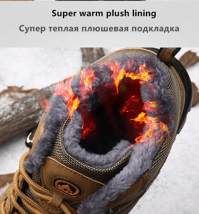 Winter Snow Boots Waterproof Leather Sneakers Super Warm Men's Boots Outdoor Hiking Boots Warm Fur Line Hiking Boot Outdoor Walking Shoes Casual Leather Booties For Men