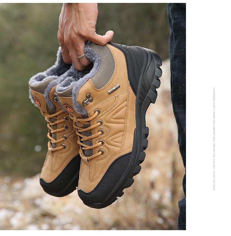 Winter Snow Boots Waterproof Leather Sneakers Super Warm Men's Boots Outdoor Hiking Boots Warm Fur Line Hiking Boot Outdoor Walking Shoes Casual Leather Booties For Men