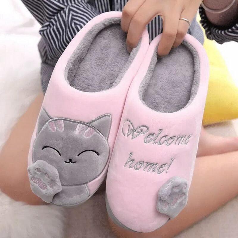 Winter Warm Home Slippers Women Cat Non-Slip Home Shoes Indoor Floor Bedroom Couple Plush House Slippers Comfort Plush Cute House Lucky Cat Warm Indoor Home Shoes