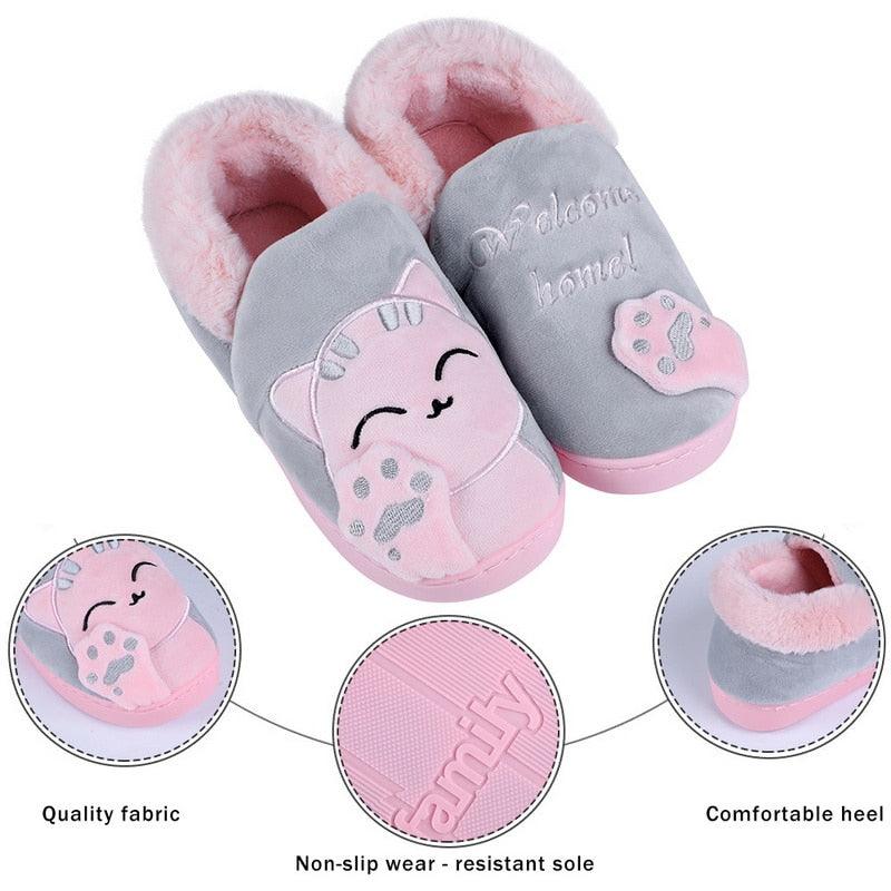 Winter Warm Home Slippers Women Cat Non-Slip Home Shoes Indoor Floor Bedroom Couple Plush House Slippers Comfort Plush Cute House Lucky Cat Warm Indoor Home Shoes